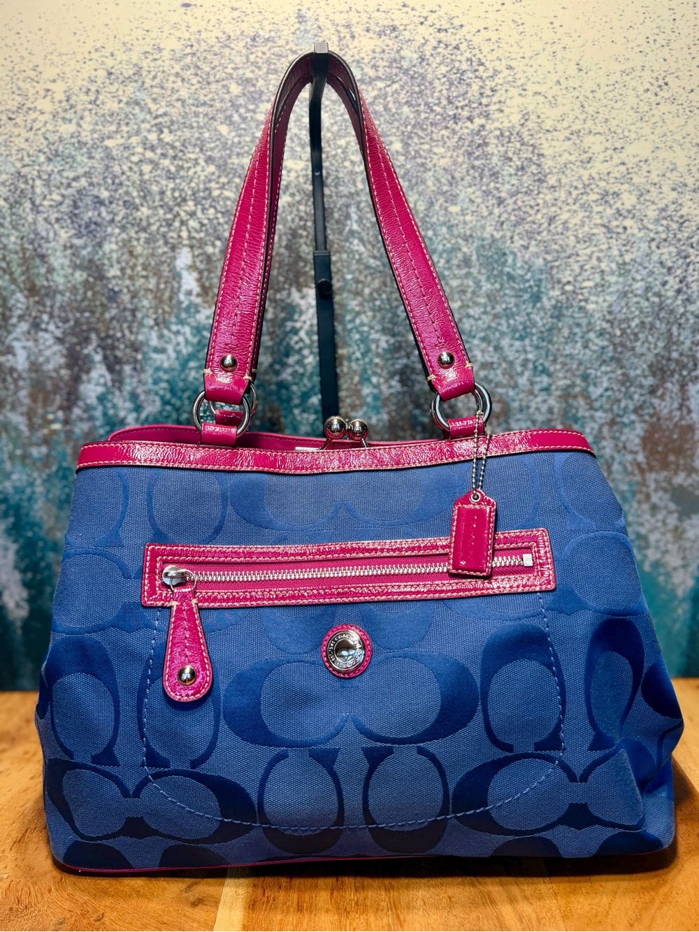 Coach Barbiecore Kisslock Y2K 2010 Laura Signature Carryall Navy Fuchsia Tote